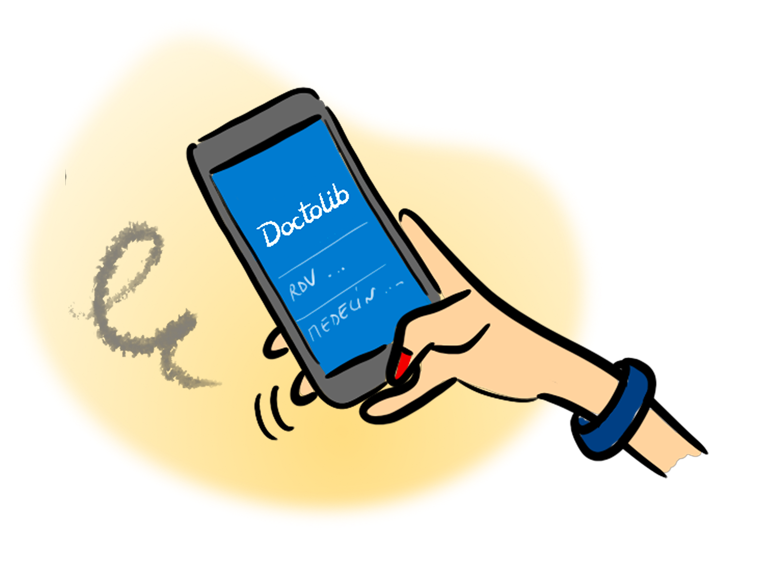 Illustration d’une main tenant un téléphone avec l’application Doctolib