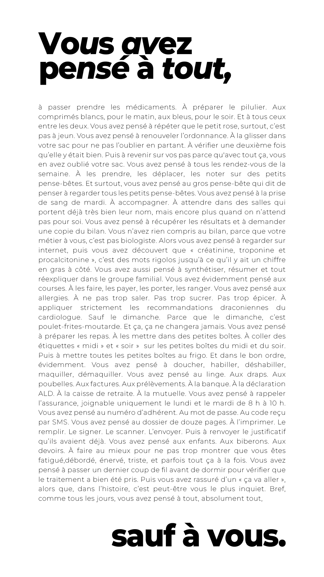 Tribune pour les proches aidants : Vous avez pensé à tout, sauf à vous.